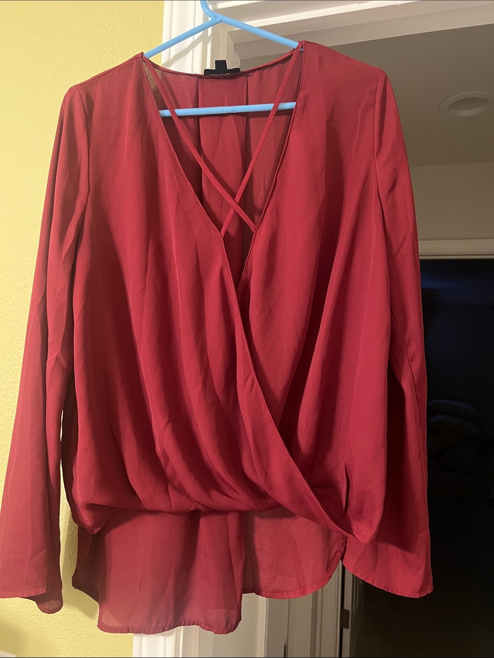 TCEC Wine Red Surplice Long-Sleeve Blouse with Crisscross Back